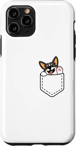 Vista 10 de iPhone 15 Funny Peeking Tricolor Corgi dentro del bolsillo para el caso del dueño del perro
