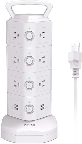 Vista 23 de Regleta de alimentación con protector de sobretensión de torre, JACKYLED 16 tomas 6 USB (2 USB C) estación de carga, cable de extensión con Negro