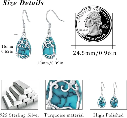 Vista 5 de Turquoise Dangle Earrings,S925 Sterling silver Tree of Life Turquoise Teardrop Earrings for women Girls,Family Tree Jewelry