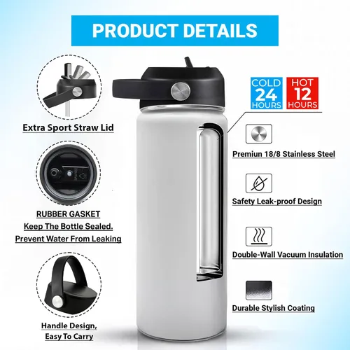 Vista 4 de Hyturtle Botella de agua personalizada con calavera de azúcar, botella de acero inoxidable aislada de viaje con tapa a prueba de fugas, 18 onzas, 32
