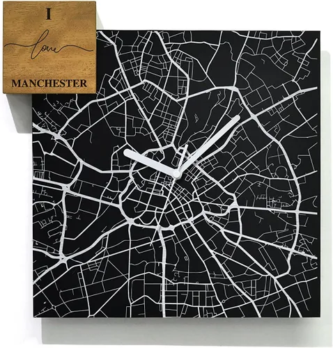 Vista 45 de Modern Wall Clock - Black Aluminum with Silver Fiber Laser Engraving - Square - Contemporary Design - Personalized City Map - Home Town - Location
