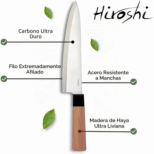 Vista 2 de HIROSHI Juego de cuchillos de sushi y sashimi, 4 piezas de acero inoxidable de alto carbono, cuchillos de chef japoneses con mango de madera