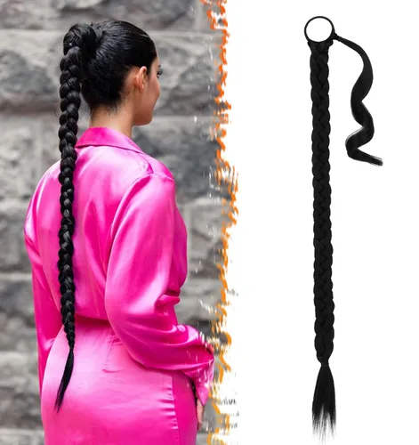 Vista 25 de Barsdar Extensión de 26 Pulgadas de Cola de Caballo Trenzada Larga con Banda Elástica - Extensiones de Cabello en Cola de Caballo Recta y Elegante