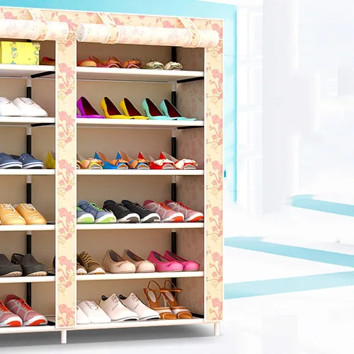 Vista 2 de Zapatero de 2 filas de metal, cubierta de tela multicapa a prueba de polvo, organizador de almacenamiento para dormitorio, sala de estar, puerta