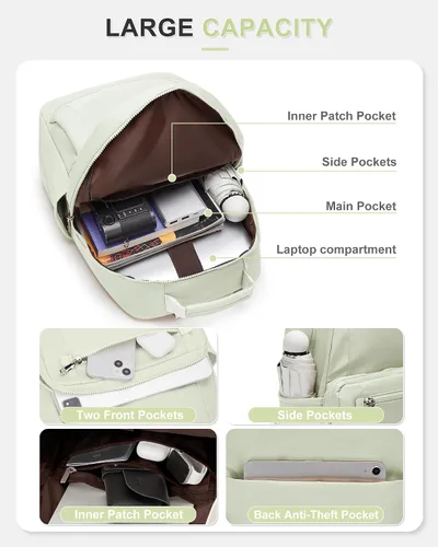 Vista 3 de VECAVE Mochila ligera e informal para laptop para mujer, mochila de viaje con compartimento para laptop, A5-verde menta