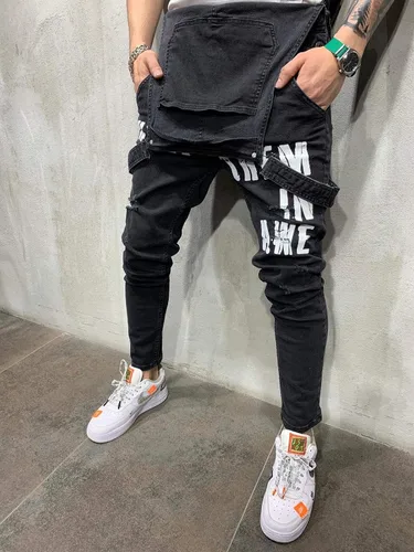 Vista 3 de Overol de mezclilla para hombre, overol negro con letras de moda, ajustable, ropa de trabajo, ajustado, con bolsillos