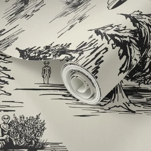 Vista 2 de Spoonflower Papel Tapiz Despegar y Pegar Muestra - OVNI Grande Negro Toile De Jouy Abducción Alienígena Espacio Acampada Papel Tapiz Removible