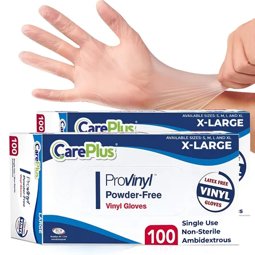Vista 12 de CARE PLUS Pro - Guantes de vinilo transparentes de tamaño pequeño, 100 unidades Sin látex, sin polvo, resistentes, no estériles, Guantes