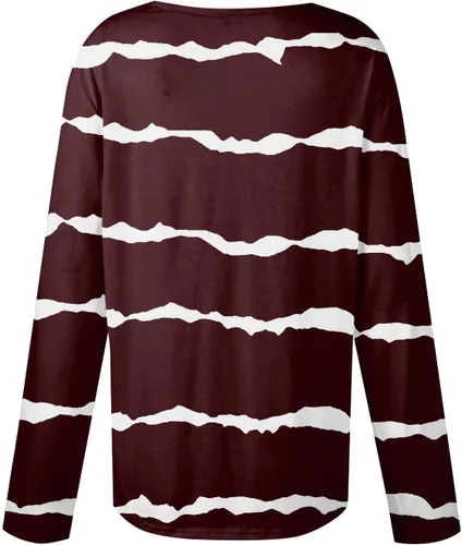 Vista 5 de Camisas de manga larga para mujer, blusa casual con estampado de rayas asimétricas con cuello en V y botones para otoño