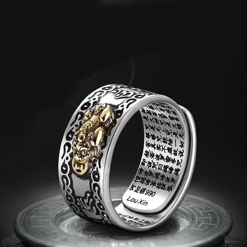 Vista 2 de SANGHAI Feng Shui Pixiu Anillo Feng Shui Pixiu Mani Mantra Protección de Riqueza Anillo Amuleto Riqueza Abierto Abierto Anillo Budista Joyería