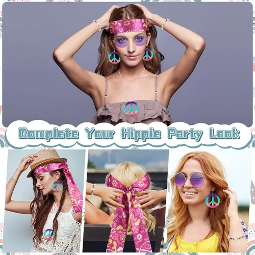 Vista 7 de Batiyeer 6 piezas de accesorios hippie para mujer, aretes bohemios con signo de la paz de los años 60 y 70, trajes para mujer, recuerdo de fiesta