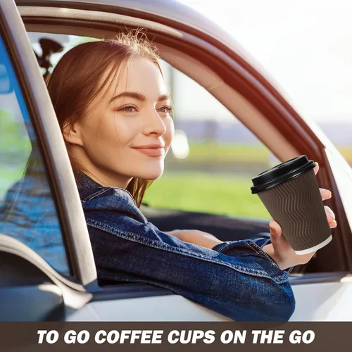 Vista 7 de Tazas de café desechables de 12 onzas con tapas, tazas de papel de café con tapas para llevar, tazas calientes aisladas para bebidas calientes