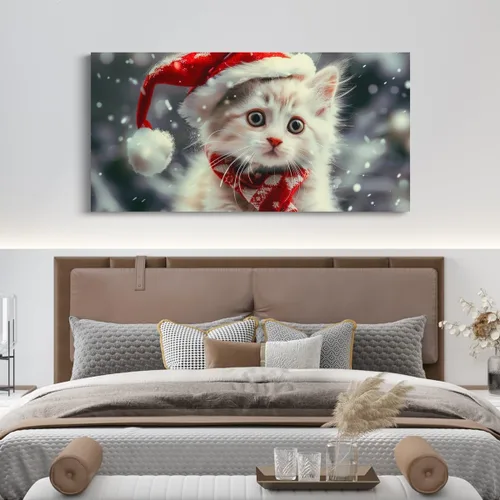 Vista 4 de Bonito arte de pared en lienzo con diseño de gato de Navidad, feliz año nuevo, impresiones artísticas para adolescentes y adultos, decoración