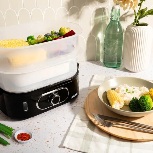 Vista 7 de AROMA® Cesta de vapor de alimentos doble y vaporizador eléctrico de arroz con nivel de agua de fácil lectura y temporizador