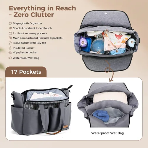 Vista 3 de Lekebaby Bolsa de pañales, 17 bolsillos, bolsa de pañales de viaje grande impermeable con cambiador portátil, bolsa de hospital cruzada para mamá