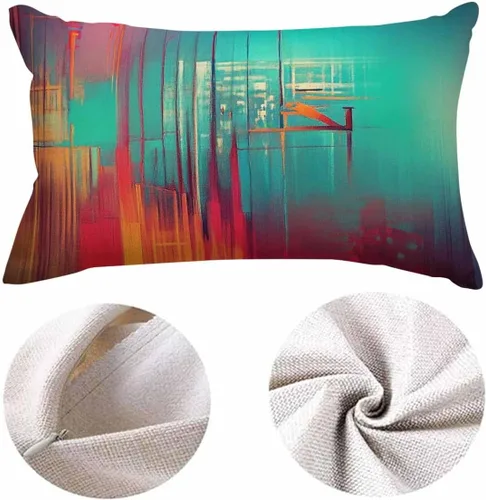 Vista 6 de EKOBLA Fundas de almohada decorativas de lino con textura retro abstracta, azul, cian, rojo, amarillo, para cama, sofá, rectangular, rectangular, 12