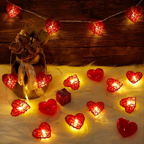 Vista 9 de Happy Trees Guirnalda de luces de San Valentín, 10 pies, 20 luces LED en forma de corazón en cadena, luces románticas de hadas con batería