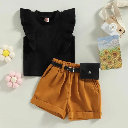 Vista 190 de TheFound Trajes de verano para niñas pequeñas, sin mangas, de punto acanalado, halter, pantalones cortos, ropa para recién nacidos, conjunto de 3