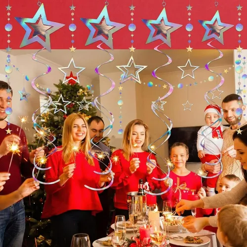Vista 5 de 37 piezas de decoraciones holográficas iridiscentes para fiestas, remolinos con purpurina, guirnalda de galaxia, suministros de fiesta de estrella