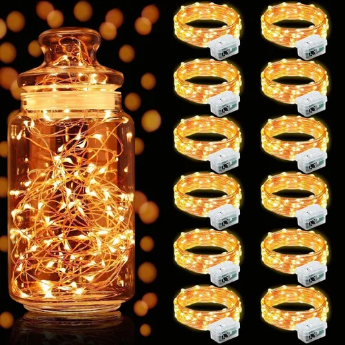 Vista 54 de Aogist Paquete de 24 luces de hadas, 3 modos, 2,1 metros, 20 luces LED, impermeables, cable plateado, funcionan con pilas, mini luces de alambre