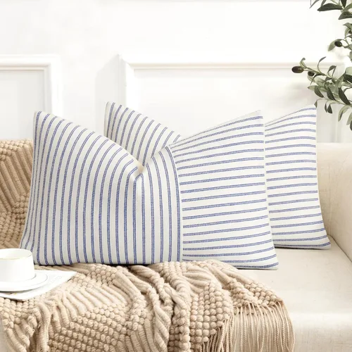 Vista 14 de Fundas de almohada de granja de 12 x 20 pulgadas, 2 fundas de almohada lumbares modernas, decorativas, de lino, con retazos de rayas negras y beige