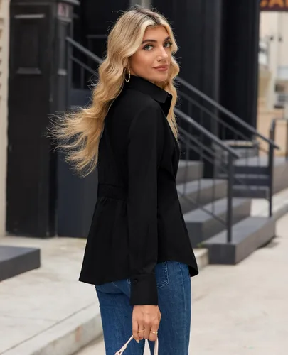 Vista 3 de siliteelon Camisas con botones para mujer, cintura ceñida, camisa de vestir de algodón de manga larga para negocios, casual, trabajo, oficina