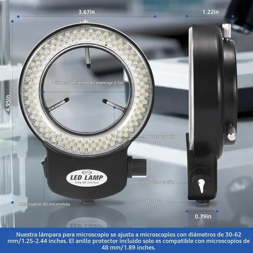 Vista 2 de Annhua Iluminación ajustable de luz de microscopio de anillo LED de 144, lámpara de microscopio Fuente de luz LED para microscopios estéreo de Negro