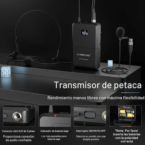 Vista 4 de Phenyx Pro Dual UHF Auriculares de escaneo automático/micrófonos inalámbricos de solapa PTU-71-2B 2 Bodypacks, 2 x 100 frecuencias, manos libres