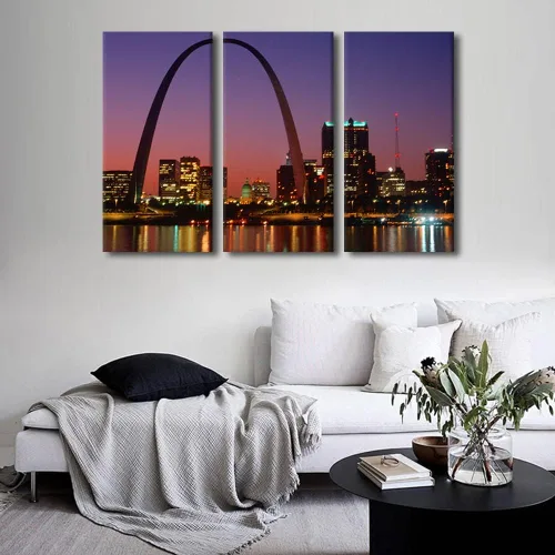 Vista 3 de TUMOVO Lienzo decorativo para pared, diseño de paisaje urbano de San Luis por la noche, para sala de estar, arco, pintura abstracta moderna, paisaje