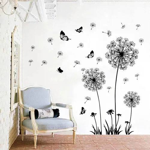 Vista 8 de Calcomanías creativas de pared de flor de diente de león, mariposa voladora, decoración del hogar para sala de estar, dormitorio, decoración
