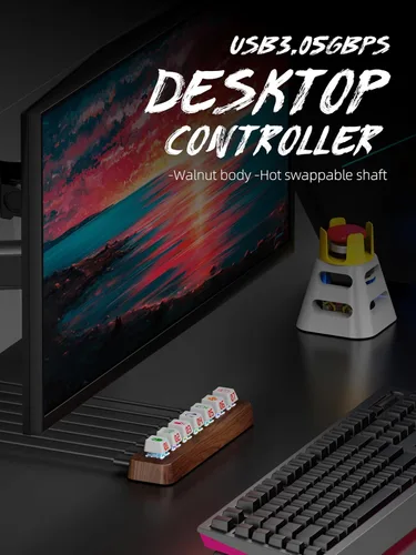 Vista 5 de Walnut Wood Hub USB 3.0 alimentado por 7 puertos, transferencia de datos de 5 Gbps, expansor de interruptor de teclado mecánico de 3 pines