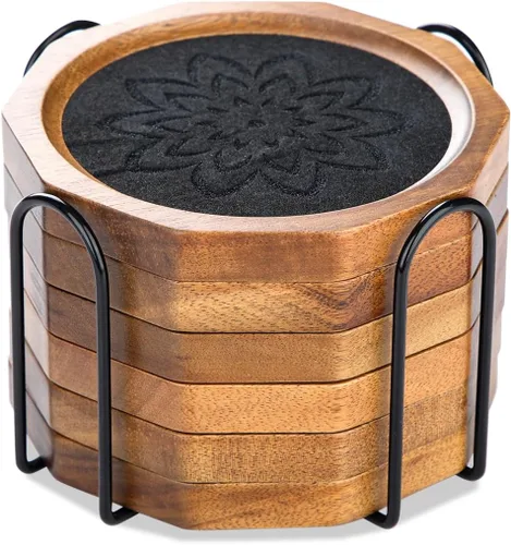Vista 7 de Posavasos de Madera para Bebidas Absorbentes con Borde, 4.3 Pulgadas Posavasos Rústicos de Acacia Negra con Soporte de Feltro para Mesa de Café