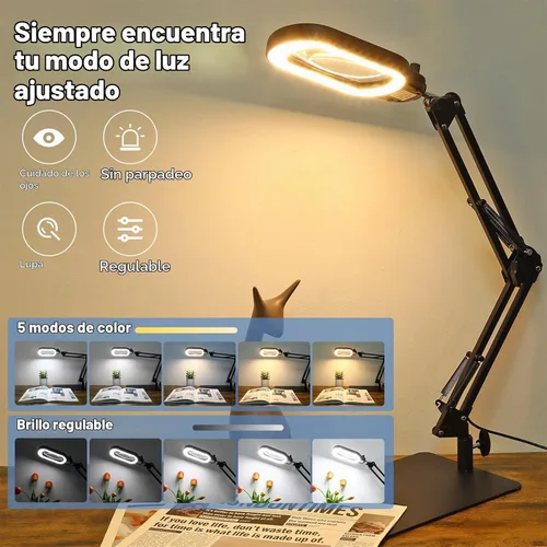 Vista 5 de Lupa rectangular 10X con luz y soporte, lupa iluminada de cristal real, manos libres, perilla mecánica, 5 modos de color, regulable sin escalones