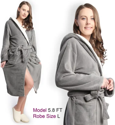 Vista 2 de Bata de baño tipo kimono largo con capucha para mujer, diseño de espiga, cómodo camisón cálido de longitud completa