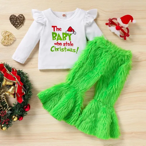 Vista 2 de ZOELNIC The Baby Who Stole - Trajes de Navidad para bebé, niño y niña, manga larga, camiseta con letras+pantalón peludo, 2 piezas, ropa de disfraz