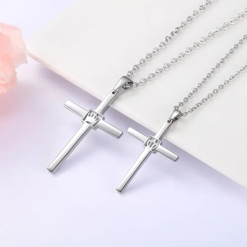 Vista 2 de Increíble collar colgante de cruz de titanio de acero inoxidable para parejas de rey y reina para mujeres y hombres, conjunto de joyas a juego