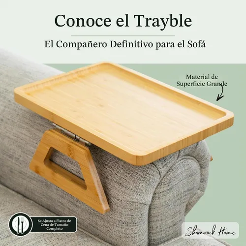 Vista 3 de Shamrock Home Mesa Bandeja de Bambú para Brazo de Sofá, Mesa Bandeja con Clip para Sofás. Bandeja de Brazo de Sofá para Cenas de TV, Controles Beige