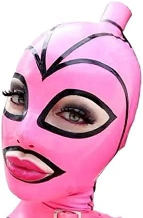Vista 2 de MMWMJWMB Sexy rosa negro raya goma capucha látex máscara con giro trenzado peluca cremallera trasera fetiche club bola Cosplay Halloween