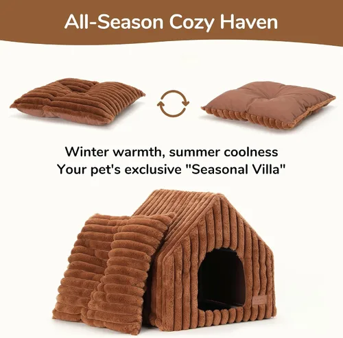 Vista 3 de FUKUMARU Casas para gatos de interior, cueva linda y lavable para gatos con almohada removible, casa grande semi-cerrada y acogedora para perros