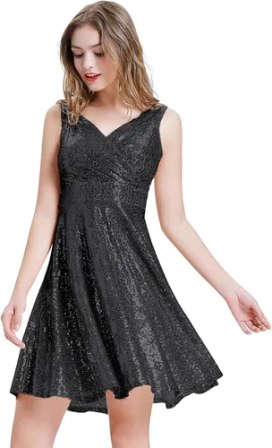 Vista 2 de Grace Karin - Vestido de fiesta de terciopelo con lentejuelas y cuello en V para mujer, con purpurina, vestido de noche de encaje acampanado