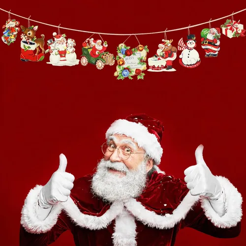 Vista 4 de pinkblume 19 adornos para árbol de Navidad, vintage, Papá Noel, Feliz Navidad, saludos, letrero de alegría, caja de regalo de Navidad, reno de Papá