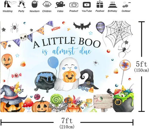 Vista 4 de Blue A Little Boo - Telón de fondo para baby shower para niños, Halloween, calabaza, baby shower, fantasma, Halloween, baby shower, decoraciones