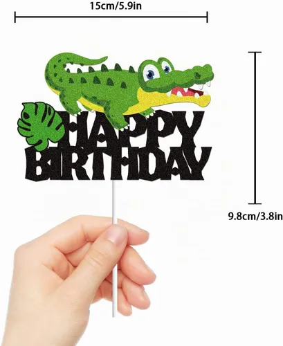 Vista 2 de Decoración de pastel de cocodrilo con temática de animales, suministros de fiesta de cumpleaños negro y verde con purpurina temática de cocodrilo