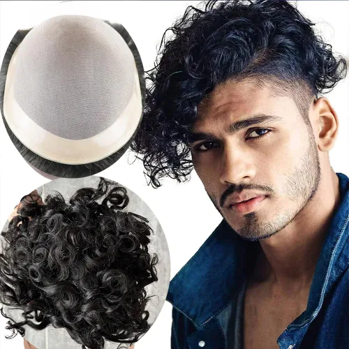 Vista 9 de SIMBEAUTY Cabello humano Remy indio 360 ondulado, 0.394 pulgadas, base de piel de tupé rizado, 10 x 8 pulgadas, para hombres negros con sistema