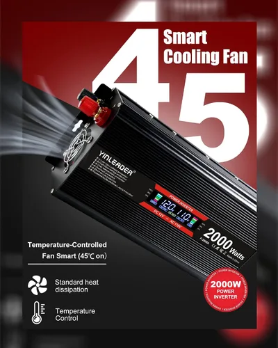 Vista 3 de Inversor de 2000 vatios de 12 V a 110 V/120 V, inversor de CC a CA de 2000 W con pantalla LCD inteligente, salidas de CA duales, puerto de carga USB