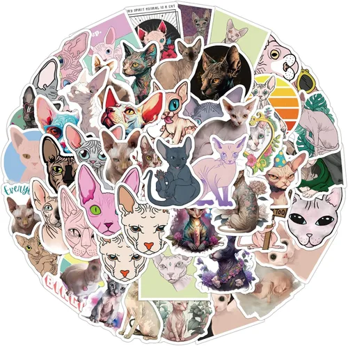 Vista 2 de 110 calcomanías de vinilo impermeables de dibujos animados de gato sin pelo de esfinge para adultos para botellas de agua, maletas para computadora