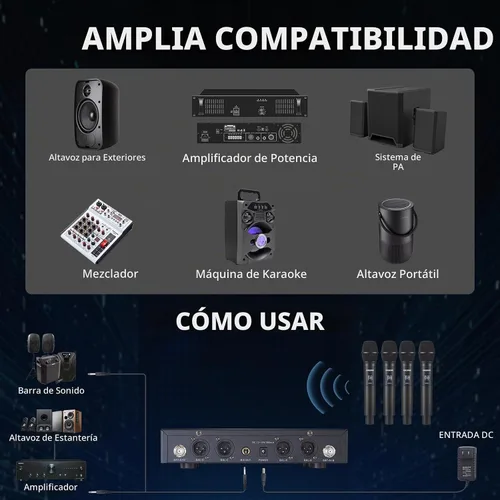 Vista 5 de Sistema de micrófono inalámbrico UHF de 4 canales con micrófonos de mano inalámbricos, frecuencias ajustables de 4 x 50, ideal para reuniones