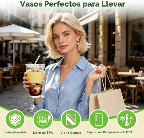 Vista 2 de Birity Vasos de vidrio de 16 onzas con tapas y popotes, vaso de vidrio con popote y tapa, tazas de café helado reutilizables para té, jugo