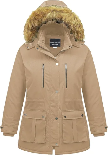 Vista 12 de CREATMO US Abrigo de invierno para mujer, talla grande, impermeable, chaqueta puffer larga, cálida, militar, gruesa, parka con capucha de piel Gris