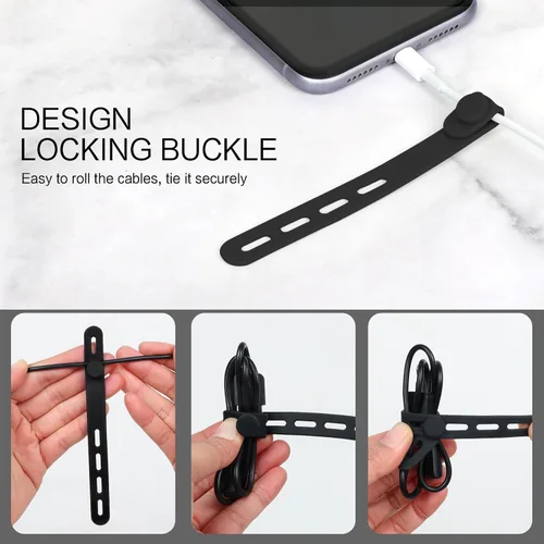 Vista 5 de Donruby 24 bridas de silicona – Reutilizables y lavables con hebillas de bloqueo, correas ajustables de organización de cables, organizador de Blanco